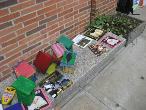 display of bird houses and books
